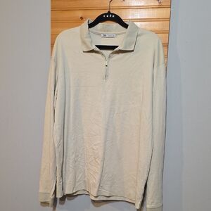 Zara Men's Quarter Zip Polo Shirt | Size M | Beige Cream | Minimalist |‎ EUC